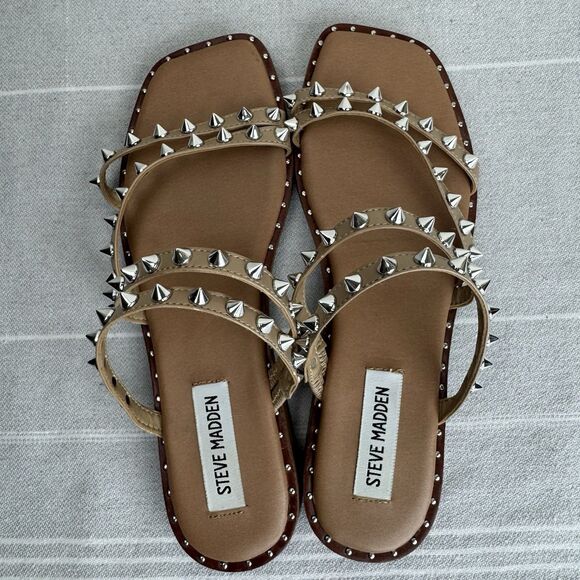 Steve Madden Skylar Slip On Studded Strappy Flat Sandal Bling Tan Silver 7.5 - Picture 5 of 11